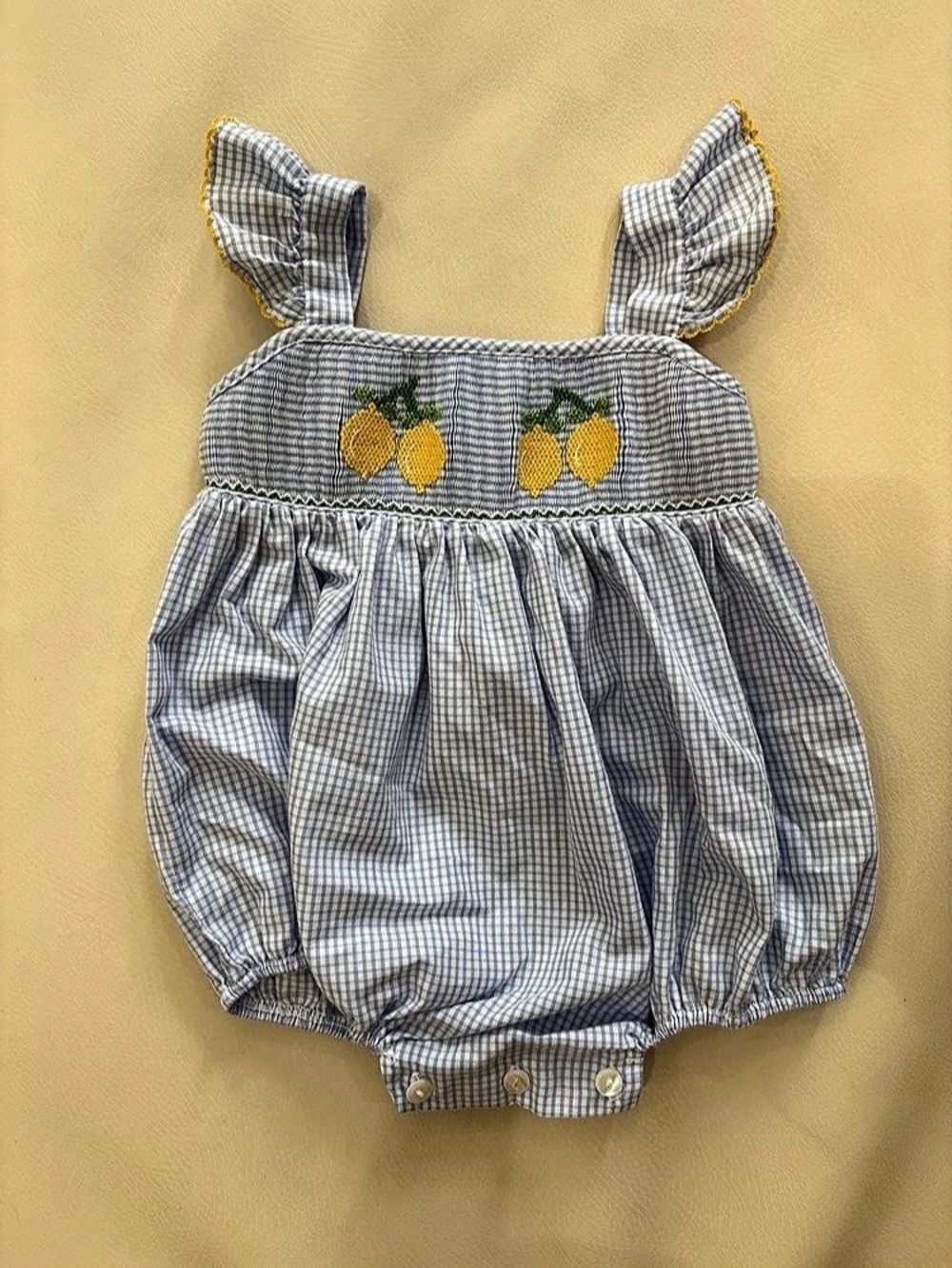 Velani Classics Kids Baby Girl Light Blue Gingham Romper with Lemon Embroidery 9